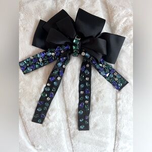 Black Large Bow w/green blue faux gems w/back hairclip Wear inhair or on clothes